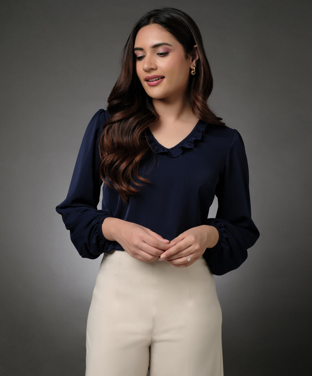 Crushed 3/4 Sleeve Navy V-Neck