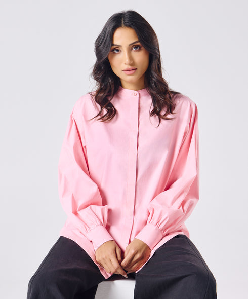 Mandarin Collar Cotton Oversized Shirt- Rose Pink