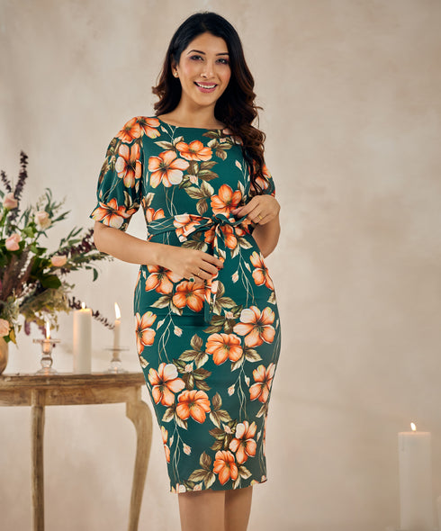 Sleeve Puffed Bodycon Green Dress