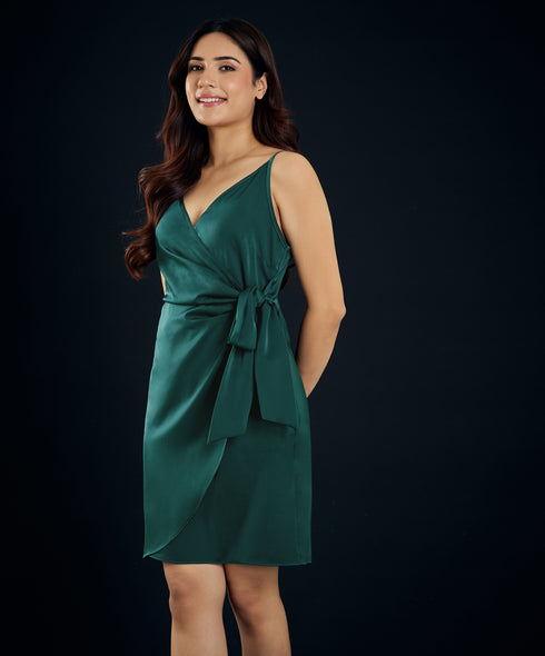 Sensual Green Vneck Mini Dress
