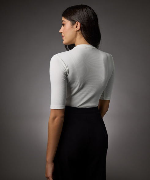 Short Sleeve High Neck Rib Top- Off White