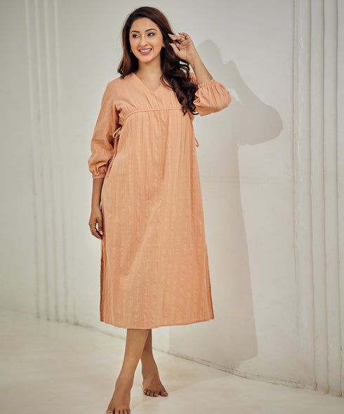 Arch Waistline Cotton Dress With Pockets