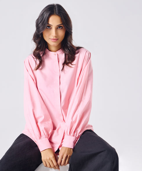 Mandarin Collar Cotton Oversized Shirt- Rose Pink