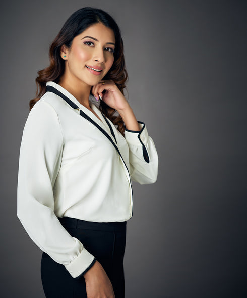 Contrast Long Sleeve White Chiffon Top