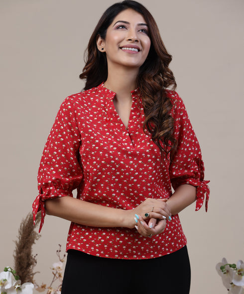 Knot Cuff Floral Printed Red Top