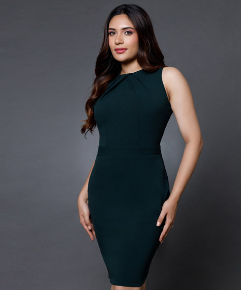 Neck Pleated Bodycon Green Dress