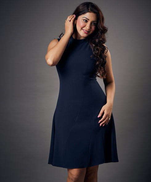 Slanted Panel Skater Navy Blue Dress