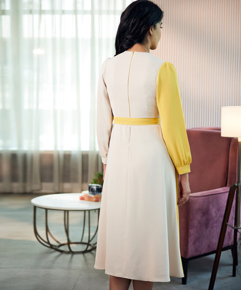 Vneck Colour Blocked Midi Chiffon Dress