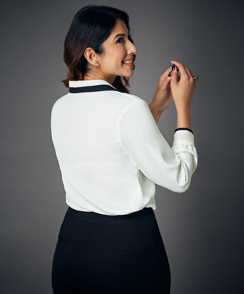 Contrast Long Sleeve White Chiffon Top