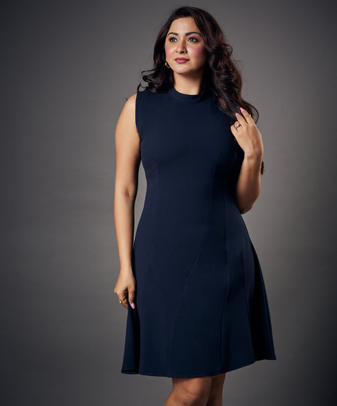 Slanted Panel Skater Navy Blue Dress