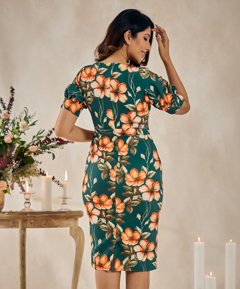 Sleeve Puffed Bodycon Green Dress