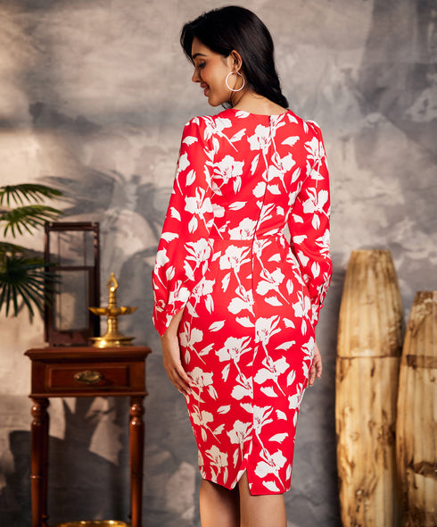 Floral Print Front Button Red Dress