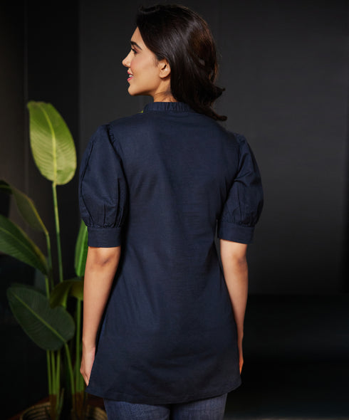 Sleeve Detailed Linen Kurtha Top