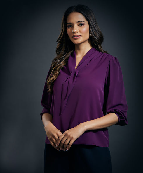 Deep Neck Bow Tie Chiffon Top-Purple