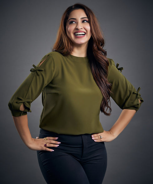 Bow Detailed Chiffon Khaki Top