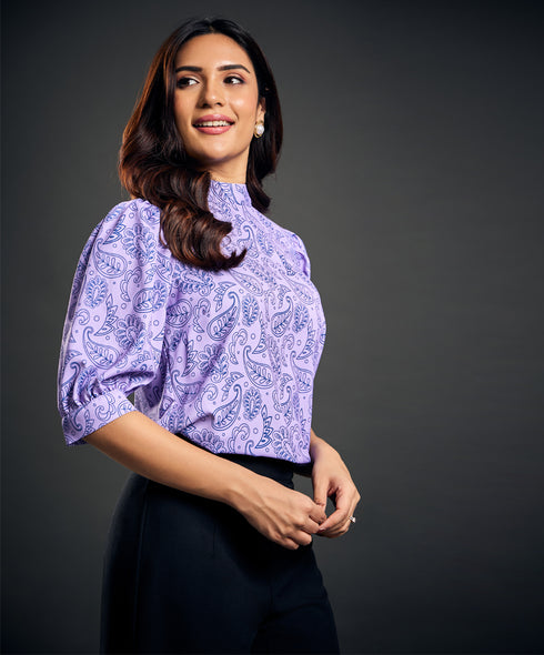 Half Sleeve Collared Paisley Printed Top