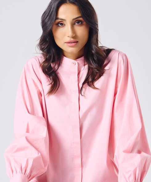 Mandarin Collar Cotton Oversized Shirt- Rose Pink