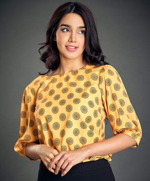 Puff Sleeve Printed Orange Blouse