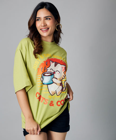 Oversize Green Cats & Coffee Tshirt