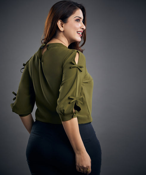 Bow Detailed Chiffon Khaki Top