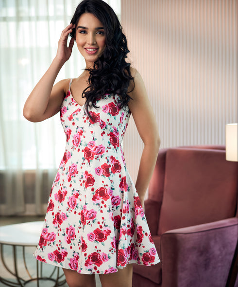 Vneck Printed Spaghetti Waistless Cream Dress