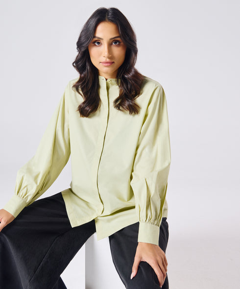 Mandarin Collar Cotton Oversized Shirt- Cream Green