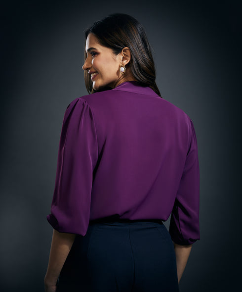 Deep Neck Bow Tie Chiffon Top-Purple