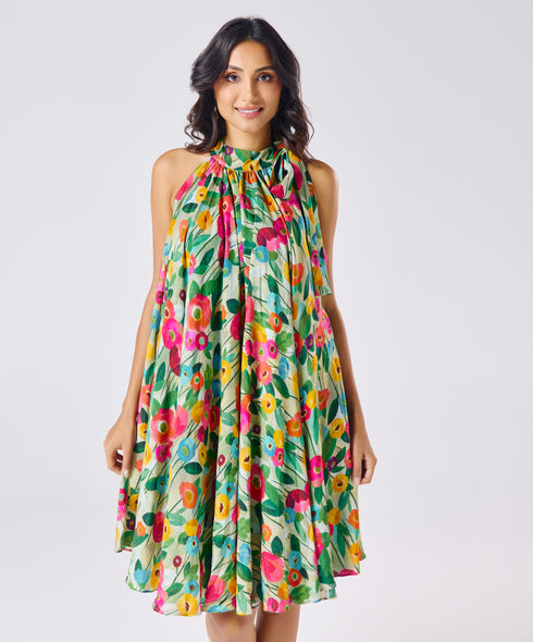 Halter Neck Flouncy Printed Dress