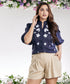 Embroidered Cotton Casual Blue Top