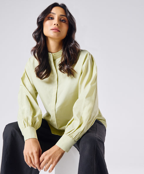 Mandarin Collar Cotton Oversized Shirt- Cream Green