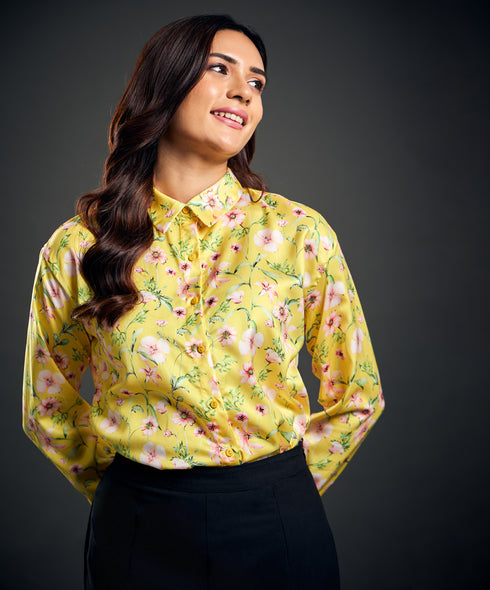 Printed Long Sleeve Yellow Satin Shirt
