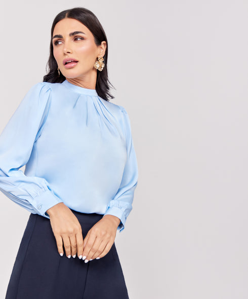 Satin Pleated Blue Long Sleeve Top
