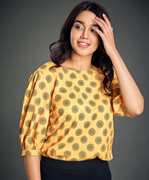 Puff Sleeve Printed Orange Blouse
