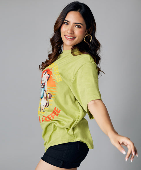 Oversize Green Cats & Coffee Tshirt