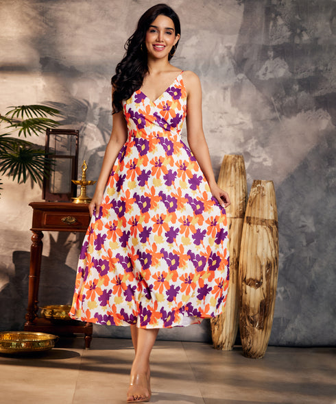 Vneck Strappy Floral Midi Dress