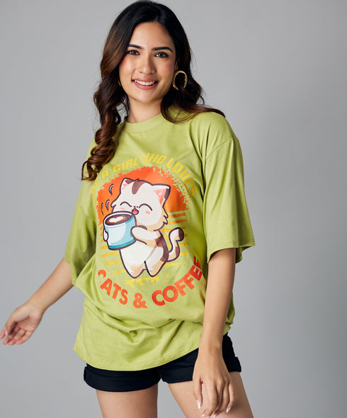 Oversize Green Cats & Coffee Tshirt