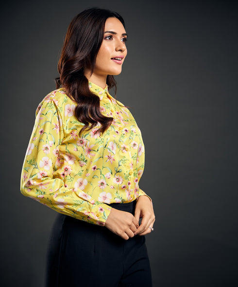 Printed Long Sleeve Yellow Satin Shirt