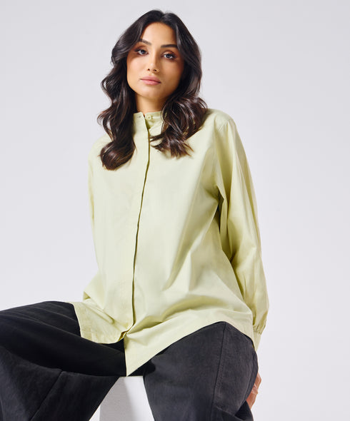 Mandarin Collar Cotton Oversized Shirt- Cream Green