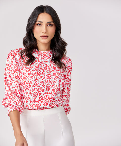 Sleeve Detailed Red Printed Chiffon Top