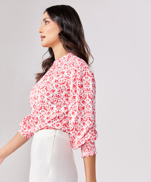 Sleeve Detailed Red Printed Chiffon Top