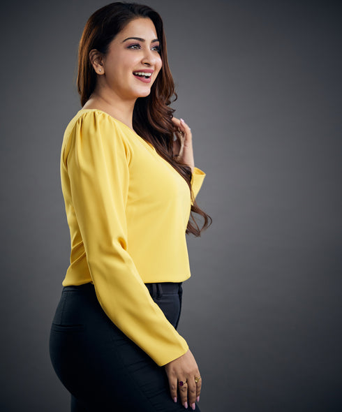 Vneck Long Sleeve Chiffon Yellow Top