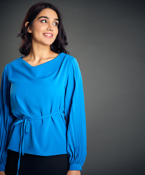 Sleeve Pleated Waist Tie Blue Top