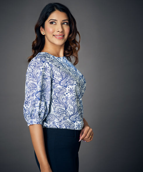 Puff Sleeve Printed Blue Blouse