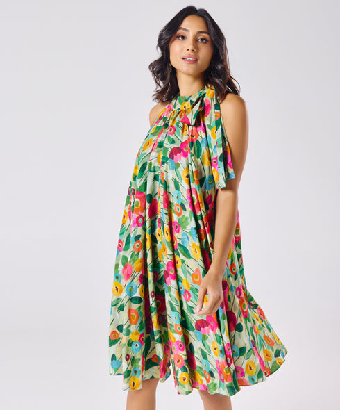 Halter Neck Flouncy Printed Dress