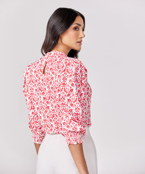 Sleeve Detailed Red Printed Chiffon Top