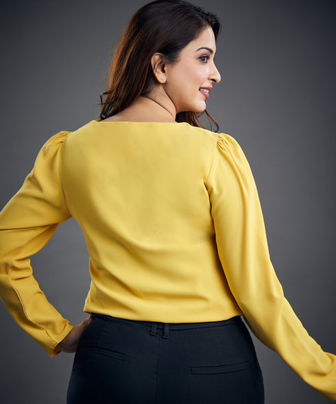 Vneck Long Sleeve Chiffon Yellow Top