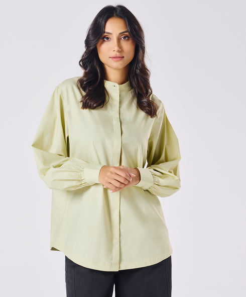 Mandarin Collar Cotton Oversized Shirt- Cream Green