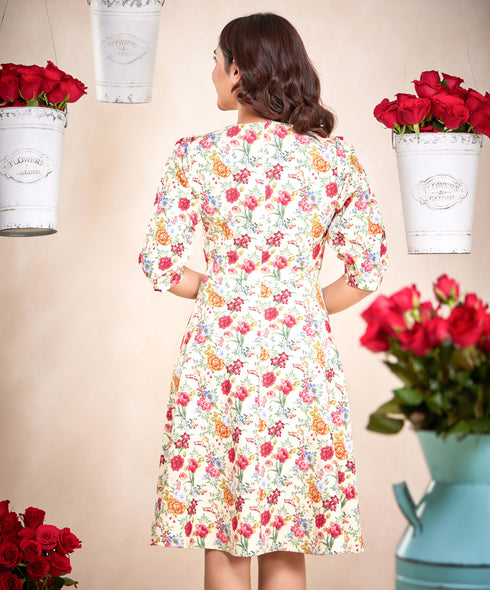 Puffed Sleeve Skater Cream Printed Dress