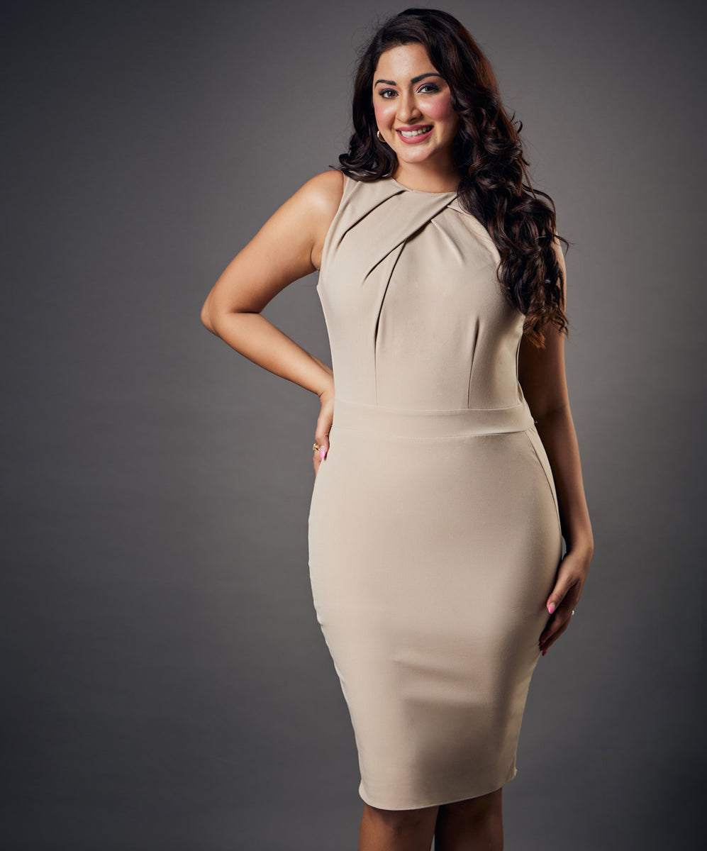 Neck Pleated Bodycon Beige Dress Zigzag