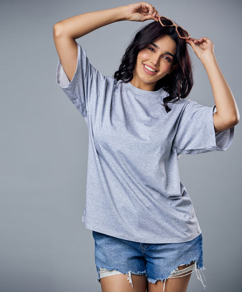 Grey Marl Solid Oversized Tshirt